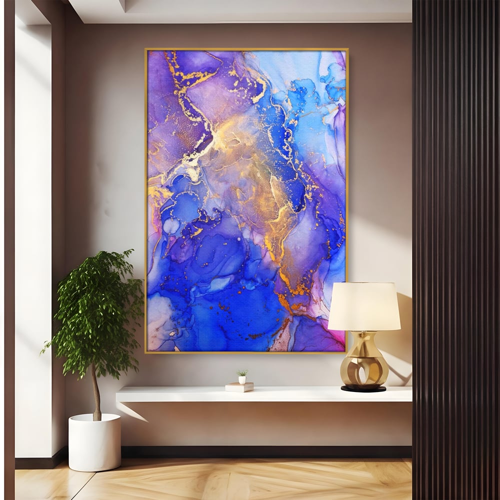 Tablou canvas cu pictura abstracta cu efect de marmura, in rama de aluminiu auriu